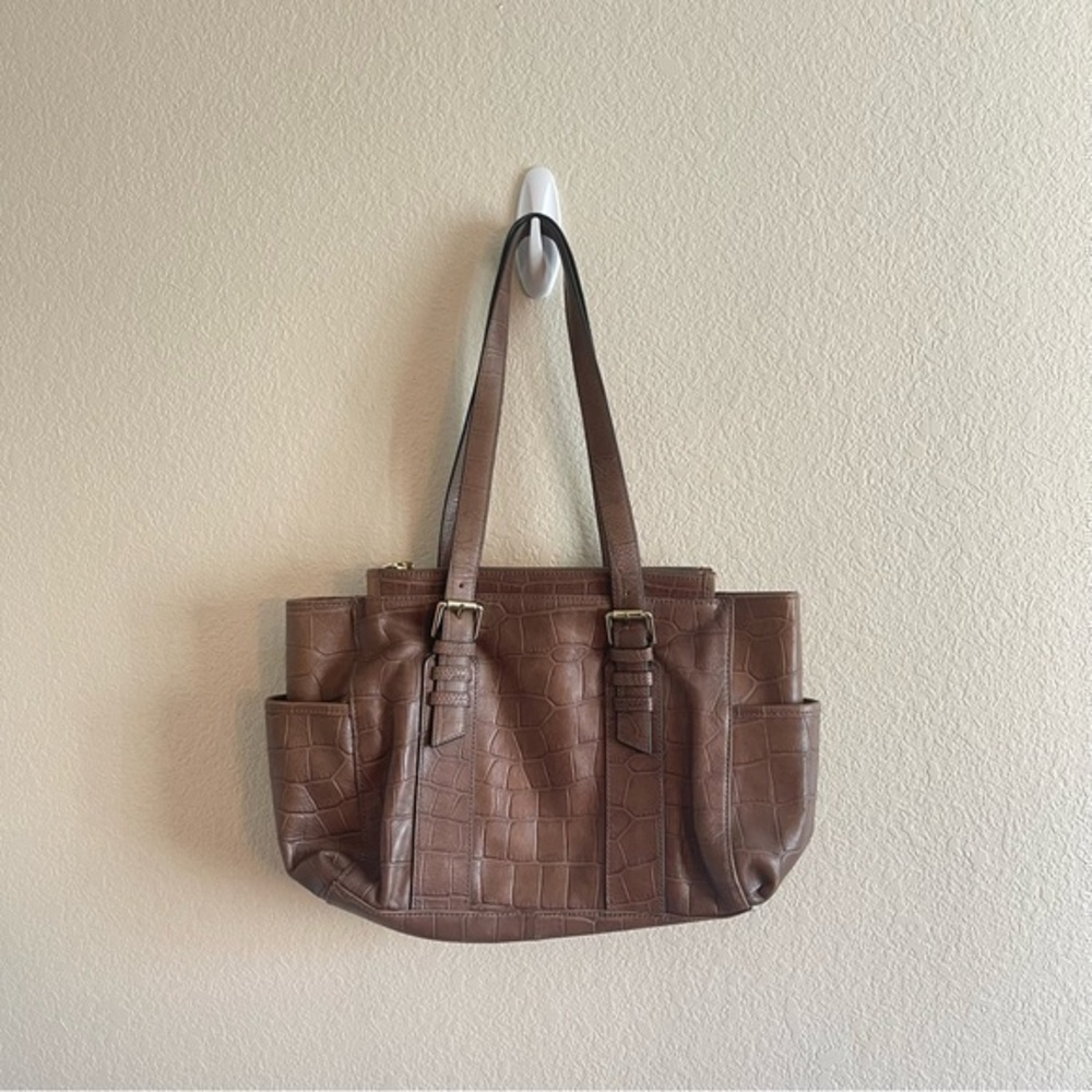 Perlina Brown Leather Croc Print Large Shoulder Bag Leopard Lined Purse